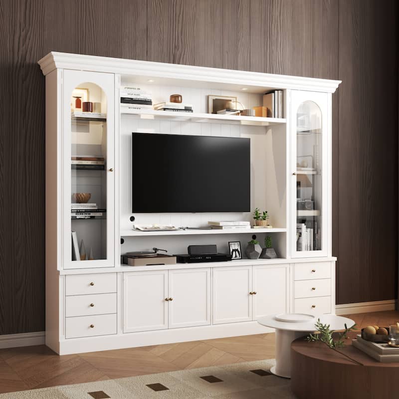 101.7" Large Entertainment Center with LED Spotlights TV Stand with Hutch & Glass Display Cabinets, Media Console Storage Unit