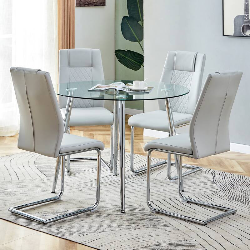 Modern 5-Piece Dining Set with Round Glass Top & 4 PU Upholstered Chairs
