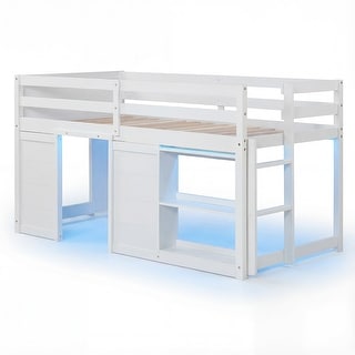 Gymax Twin Size Loft Bed w/ LED Lights 2 Doors Underbed Space &