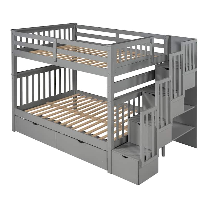 Full Over Full Bunk Bed with Shelves and 6 Storage Drawers, White