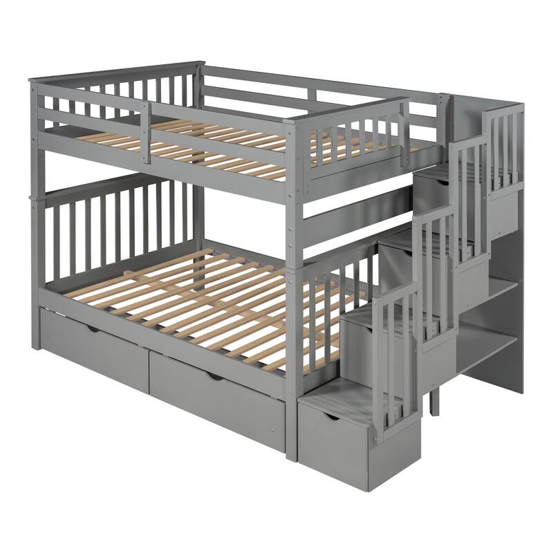 Heavy Duty Wood Bunk Bed Full Over Full Superior Quality Bunk Bed 2 Drawers and Storage Stairs and Side Shelves - Grey