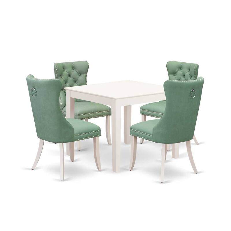 5-Piece Linen White Finish Solid Wood Top - Square Upholstered Dining Room Set - Seats 4