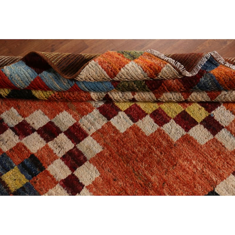 Checkered Orange Moroccan Oriental Rug Handmade Wool Carpet - 6'7" x 9'8"