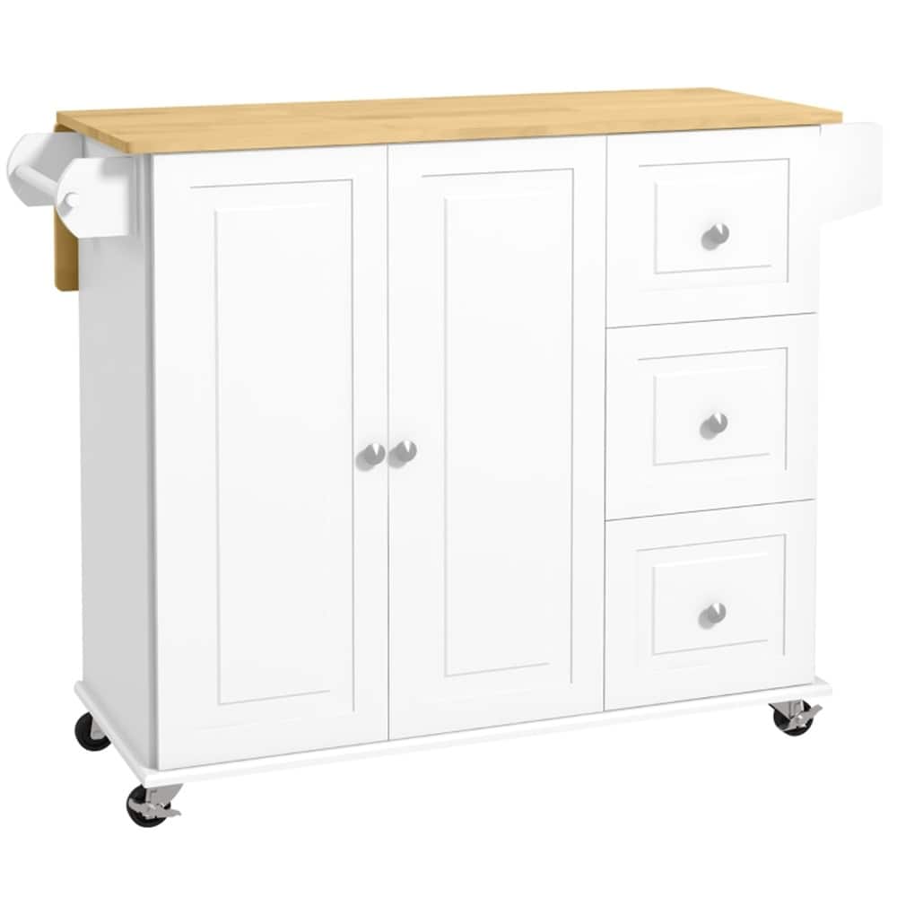 White Kitchen Island Cart with Drop Leaf and Rolling Wheels Drawers and Adjustable Shelf - 45.25" W x 25.25" D x 36" H