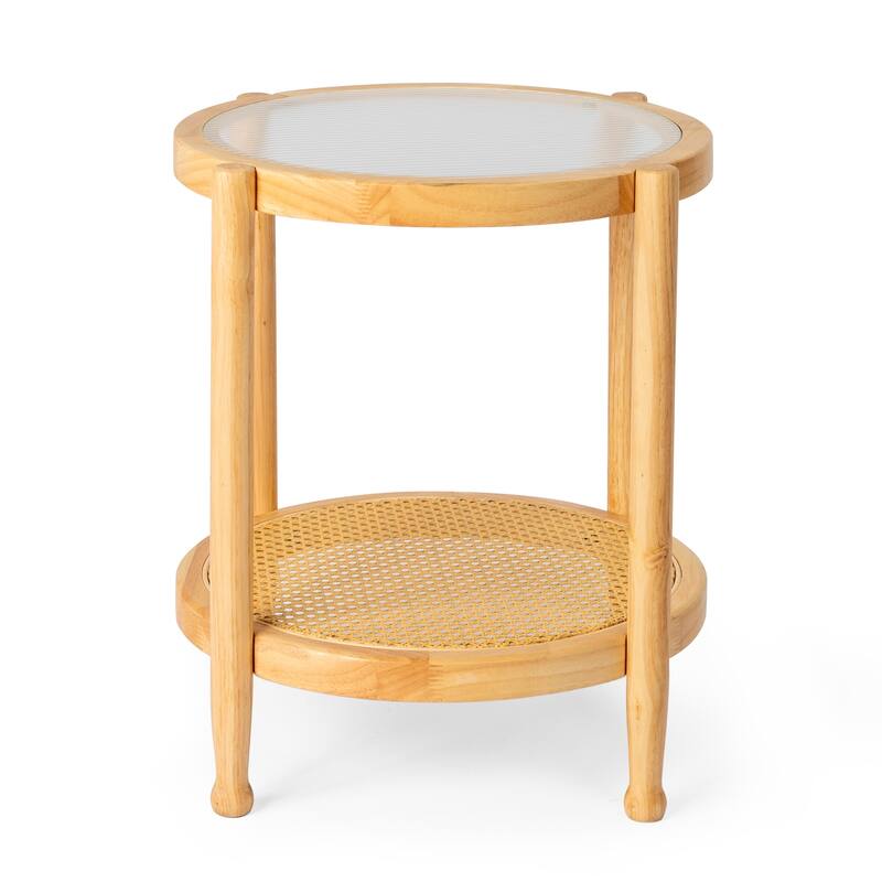 Rubberwood Coffee Table with Tempered Glass and Rattan - 19.7 x 19.7 x 23.2 in