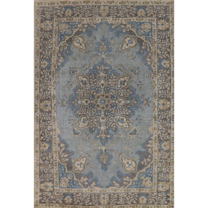 Hand Knotted Oriental 100% Wool Carpet Traditional Floral Navy Blue & Blues Tabriz Area Rug - 9' 5'' X 6' 5''