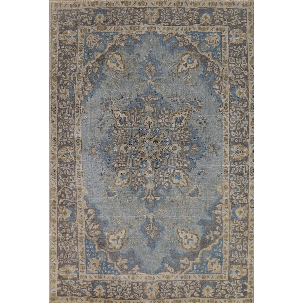 Hand Knotted Oriental 100% Wool Carpet Traditional Floral Navy Blue & Blues Tabriz Area Rug - 9' 5'' X 6' 5''