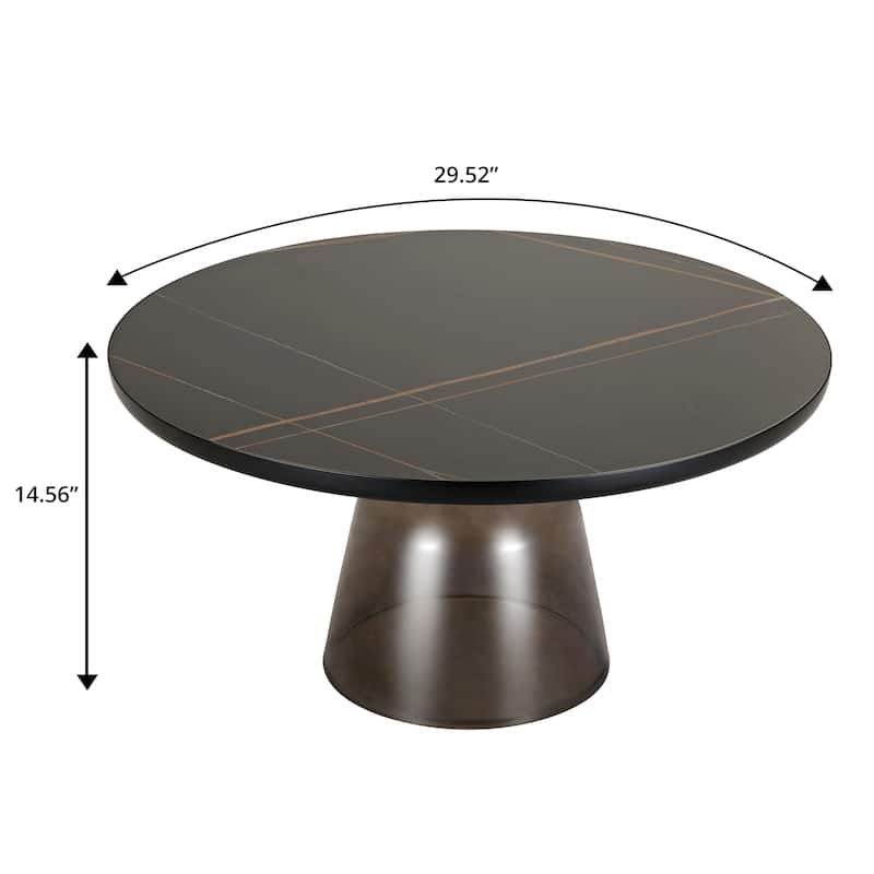 30-Inch Round Coffee Table Glass/Stone Tabletop with Black Iron Rim Frame Glass Pedestal Base
