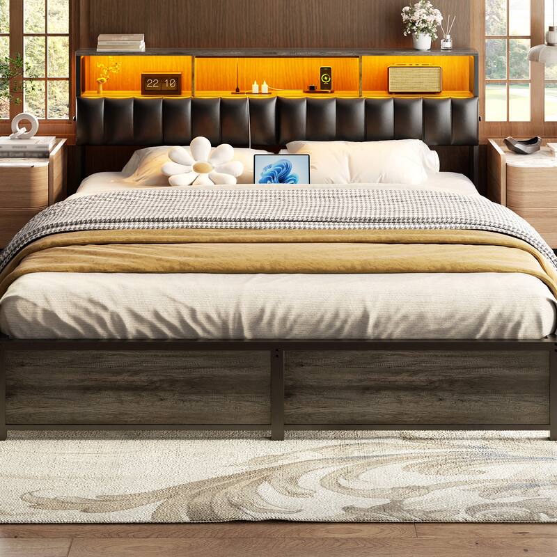 Upholstered Headboard with Hidden Drawer, Head Board with Power Outlet and LED Light