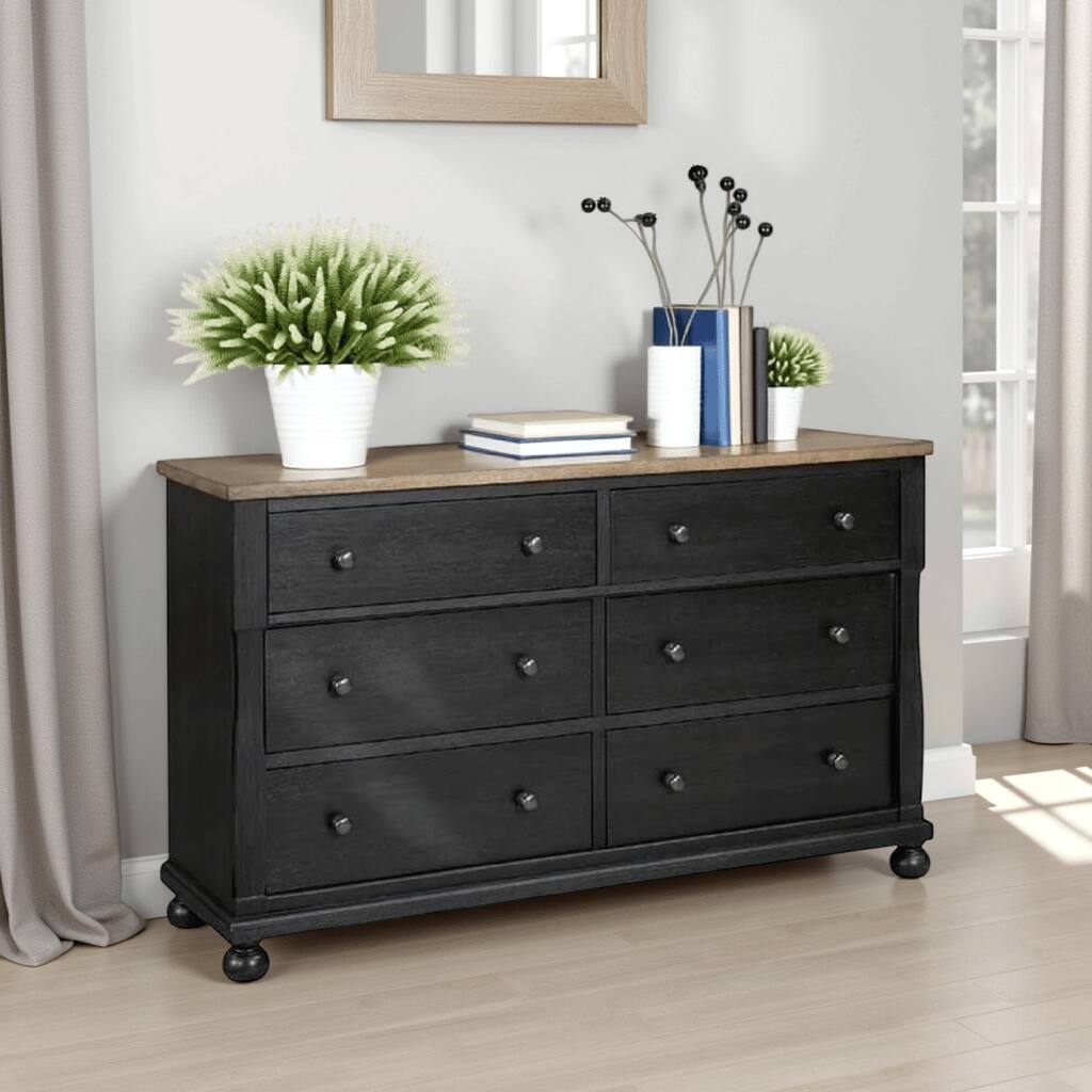 Ginie 64 Inch Dresser, 5 Drawers and Farmhouse Legs, Black Brown Oak