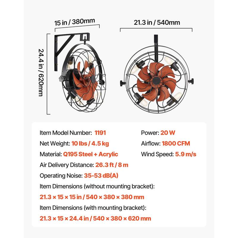 21 Inch Wall Mounted Fan with Light Remote 6 Speed E26 Socket No Bulb