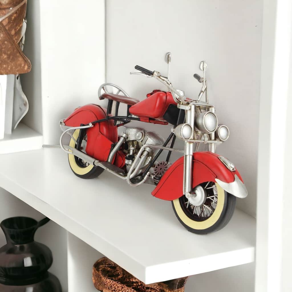 HomeRoots 8" Red and Silver Metal Hand Painted Model Motorcycle - 16' X '8' X '6