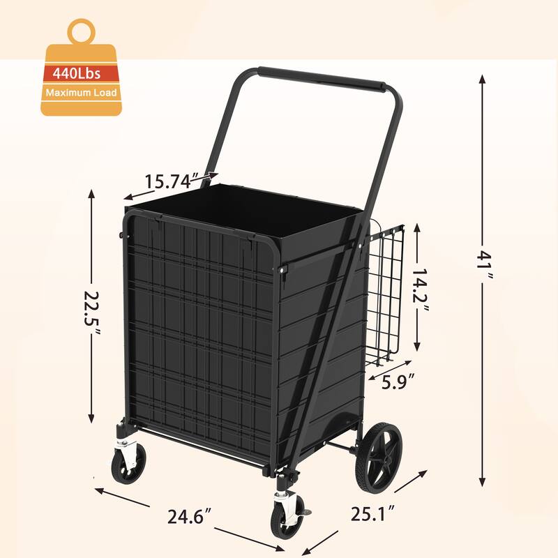 Foldable Grocery Shopping Cart w/ Brake & Double Basket and 360 Rolling Swivel Wheels