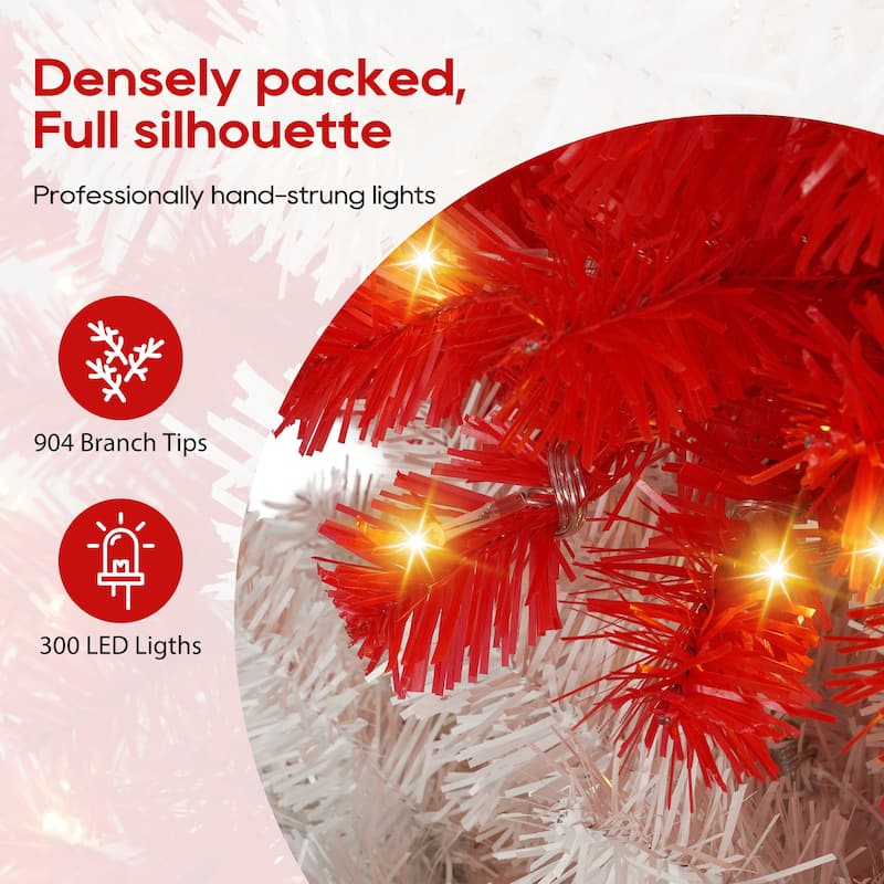 6FT Pre-Lit Candy Cane Artificial Christmas Tree with 300 LED Lights and 900 PVC Tips, Hinged Holiday Decoration