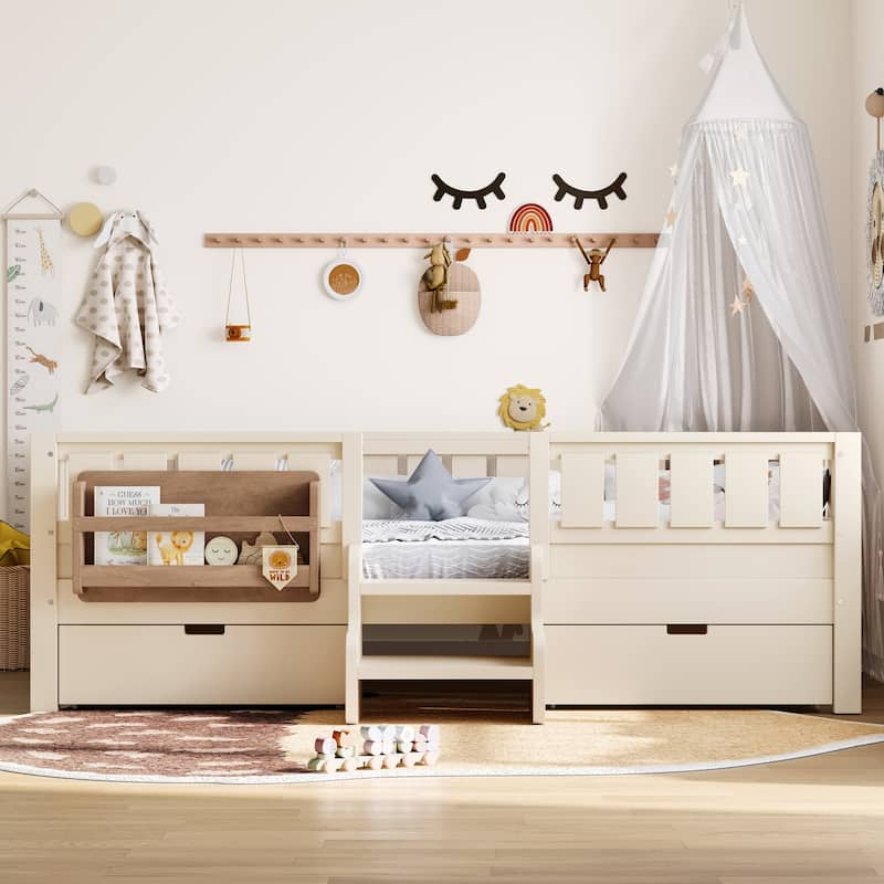 Full/Twin Loft Bed with Storage Drawers, Safety Staircase & Rails - Beige - Full