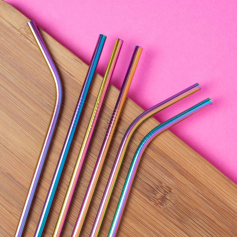 Gforce Eco-Friendly Reusable Stainless Steel Rainbow 10 Pack Straw Set, Including 2 Cleaning Brushes - 8.46"