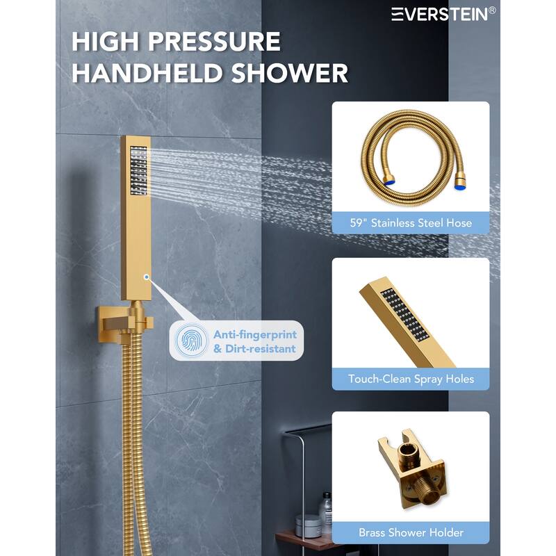 Dual LED Shower Head 12" Rainfall & 6" High Pressure Shower System w/ 4 Way Thermostatic Shower Faucet Set