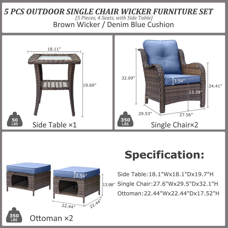 5-piece Outdoor Patio Wicker Conversation Sets With Storage Ottomans