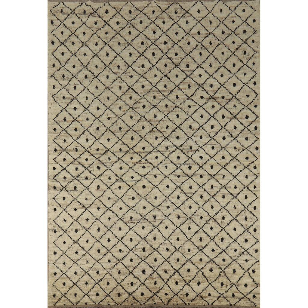 Beige Trellis Moroccan Oriental Area Rug Handmade Wool Carpet - 6'11" x 9'9"