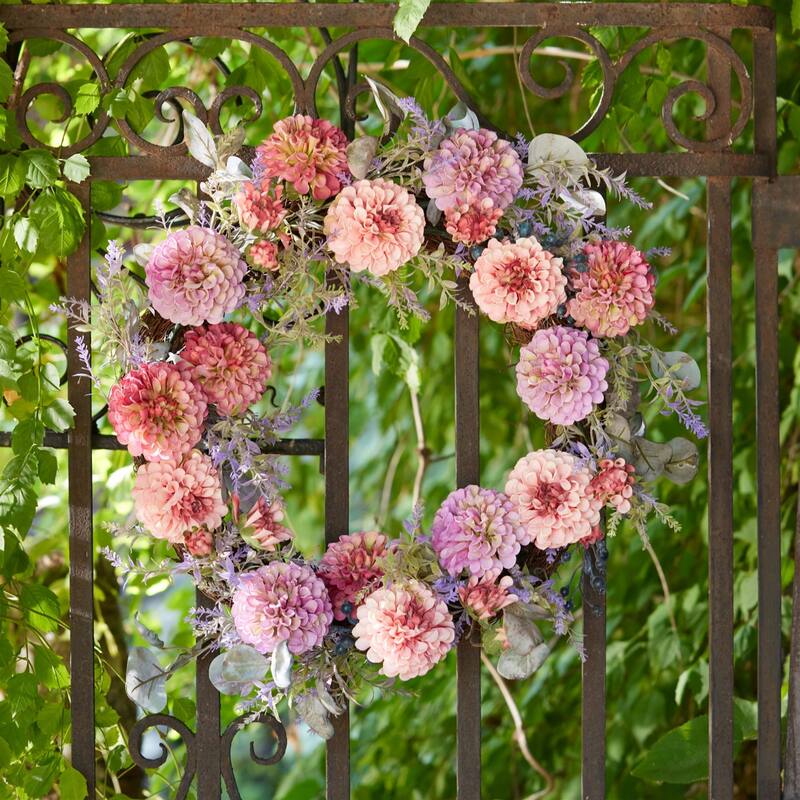 Mixed Zinnia Twig Spring Floral Wreath - 24" - Pink and Purple