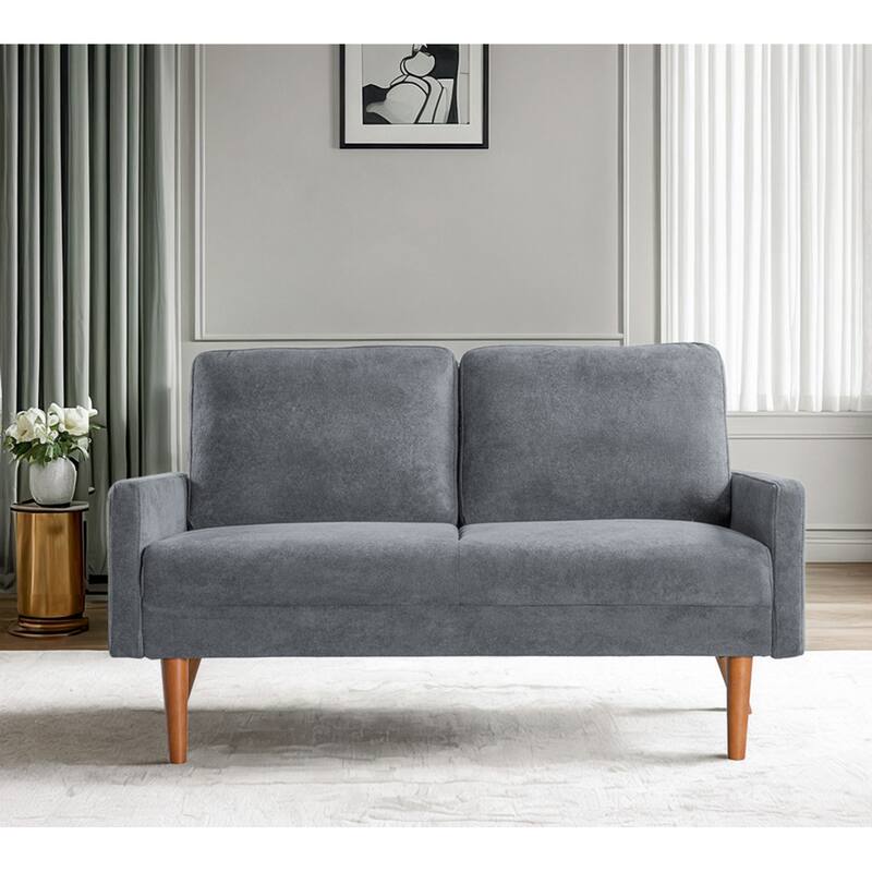 Velvet Upholstered Loveseat Sofa, Small Loveseat Sofa Couch with Rubber Wood Legs, 2 Seater Couch with Throw Pillow - Grey