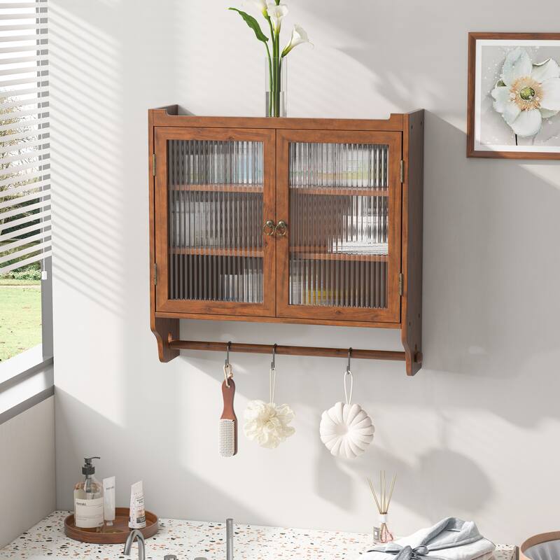 24.8"Glass Door Wall Cabinet with 3 Tiers of Storage with Towel Rack - Brown
