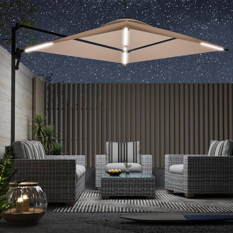 AECOJOY 10ft Solar LED Wall Mounted Outdoor Patio Umbrella, Rectangular Large Offset Cantilever Umbrellas with 180° Rotation