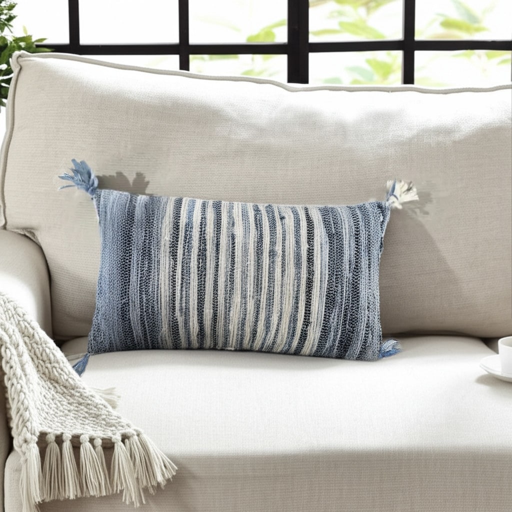 HomeRoots 14" X 26" Denim Blue And Ivory Cotton Throw Pillow with Tassels And Texture