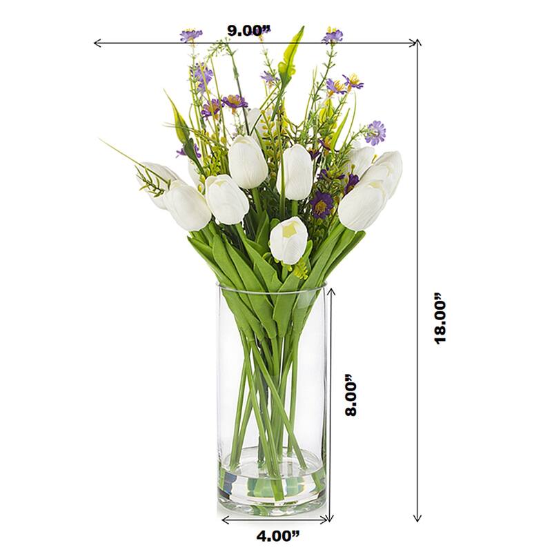 Enova Home Mixed Real Touch Tulip and Mini Sunflower Artificial Flowers Arrangement in Cylinder Glass Vase for Home Decór