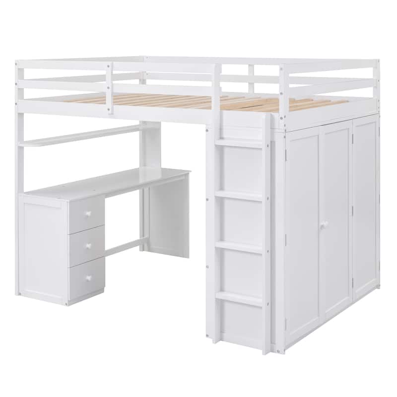 Full size Loft Bed with Drawers,Desk,and Wardrobe - White