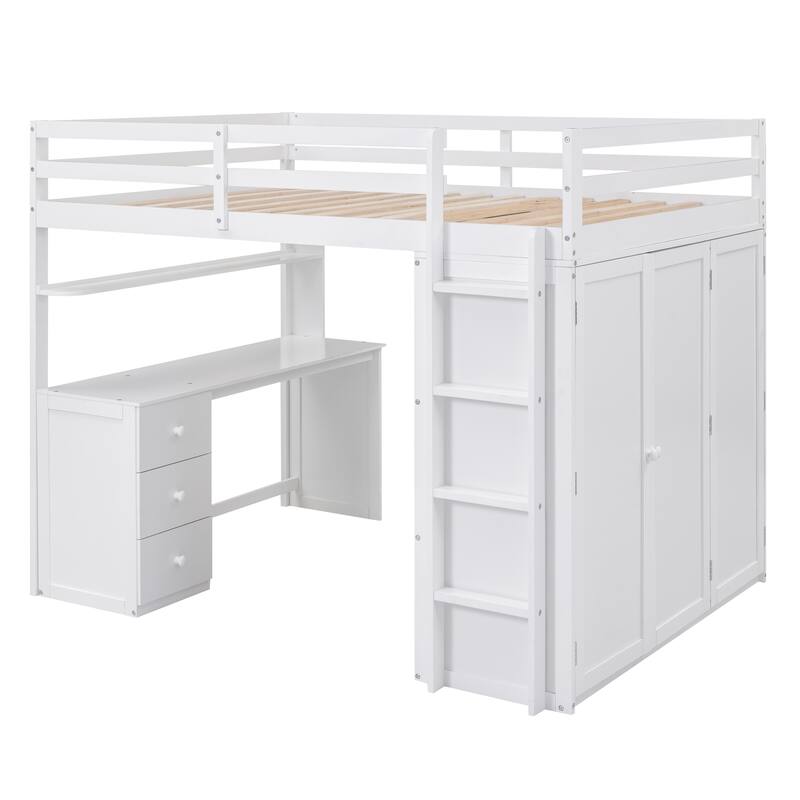 Twin/Full Size High Loft Bed with Built-in Desk and Wardrobe, Wooden Loftbed Bedframe with 3 Drawers, for Kids, Teens, Adults