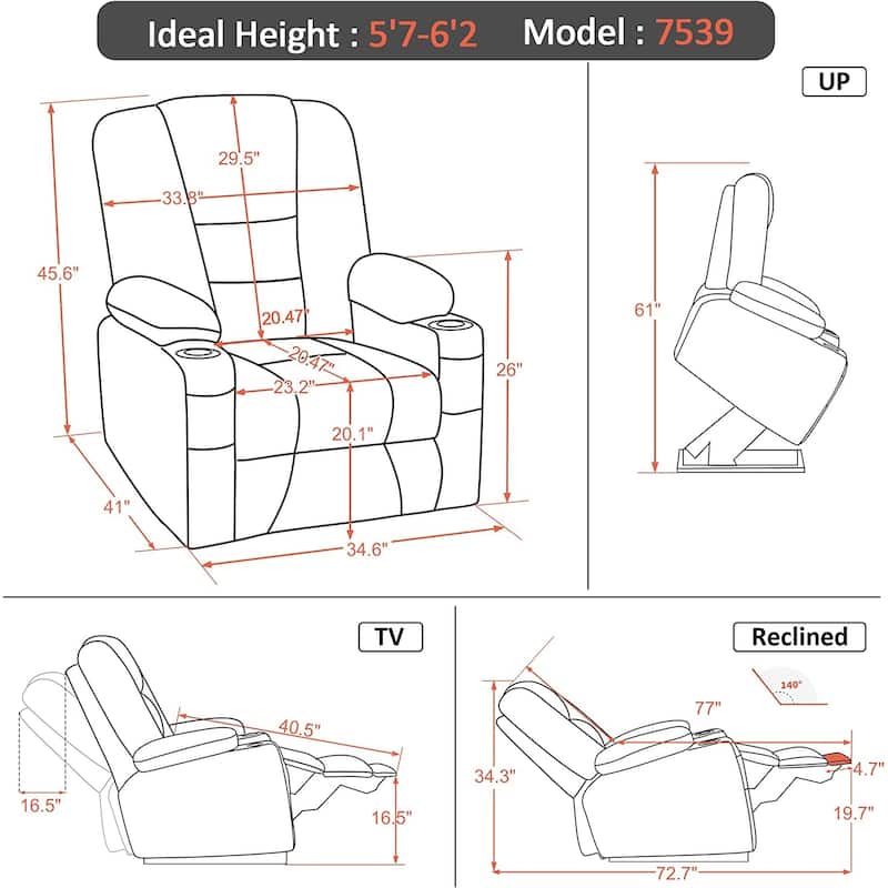 MCombo Large Lift Recliner Chair with Massage and Heat for Elderly, Extended Footrest, Cup Holders, USB Ports, Faux Leather 7539