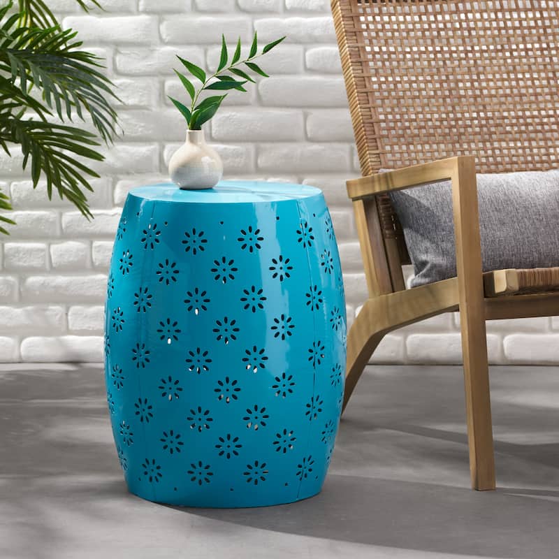 Roomfitters Outdoor Ceramic Garden Stool, 15" Accent Side Table for Patio Balcony or Living Room, Blue - Blue