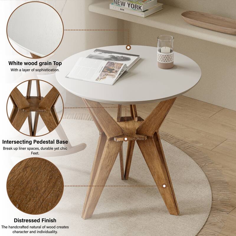 COZAYH Farmhouse End Table, Rustic Side Table with White Top and Tripod Base, Round