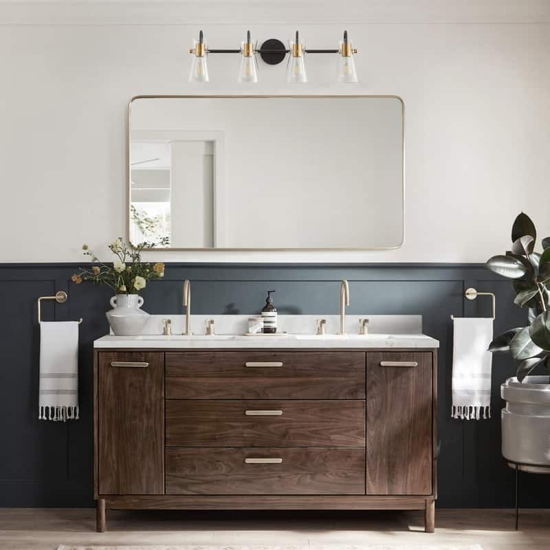 Modern 4-Light Bathroom Vanity Light with Clear Glass Shades, Black and Brass Finish