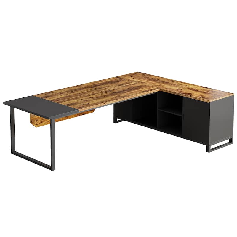 70.8" L-Shaped Executive Desk with 55" File Cabinet, Large Industrial with Storage, Rustic Brown & Black
