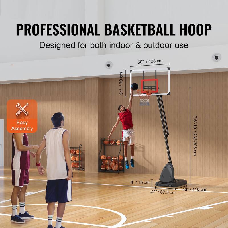 Adjustable 50" Basketball Hoop with Wheels & Base, Indoor/Outdoor Use