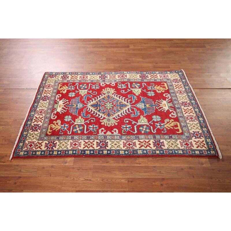 Red Geometric Kazak Oriental Foyer Rug Handmade Wool Carpet - 3'3" x 5'1"