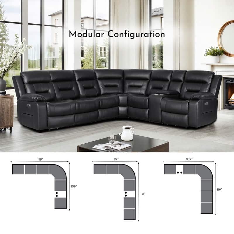 119'' Faux Leather Power Recliner 6-Seat Large Sectional Reclining Sofa with USB Port