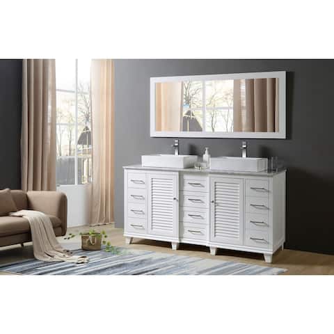 Ultimate Shutter 72 In. Vanity In White With Carrara White Marble Vanity Top with vessel sinks and Mirror