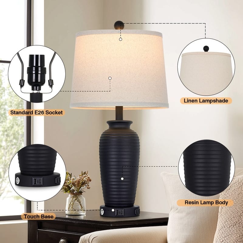 Set of 2 Bedside Resin Table Lamps with 3-Way Touch Control and Dual USB Ports