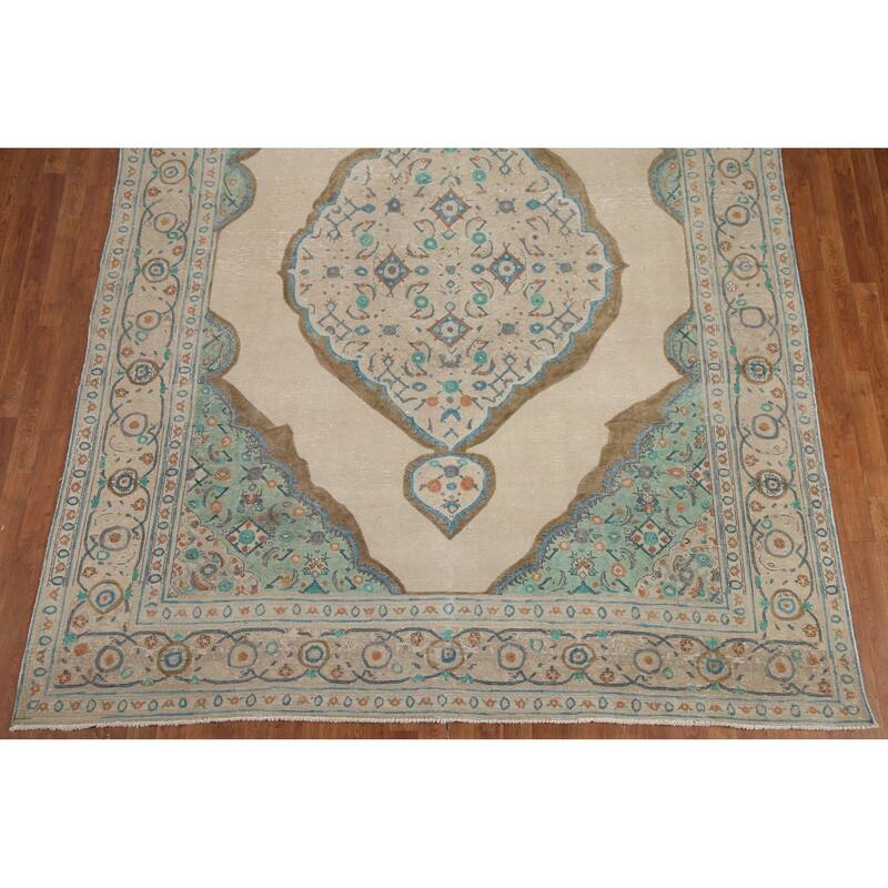 Hand Knotted Oriental 100% Wool Carpet Traditional Medallion Beige & Ivories Tabriz Area Rug - 11' 2'' X 8' 3''