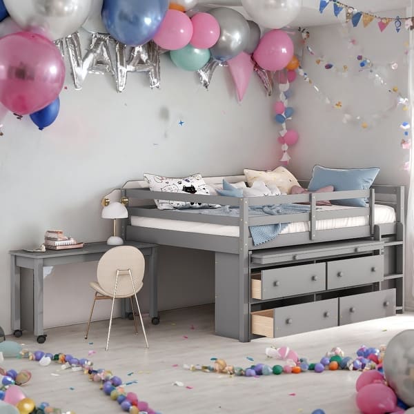 slide 2 of 9, Full Size Loft Bed with Desk,4 Drawers and Shelves for Home Grey