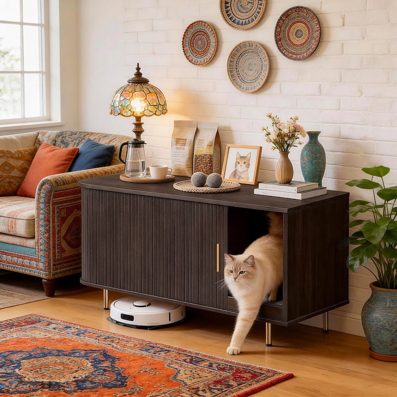 38.5" Cat Litter Box Enclosure with Scratch Pad and Sliding Door,Cat Hidden Litter Box Cabinet,Modern Indoor Cat House,TV Stand