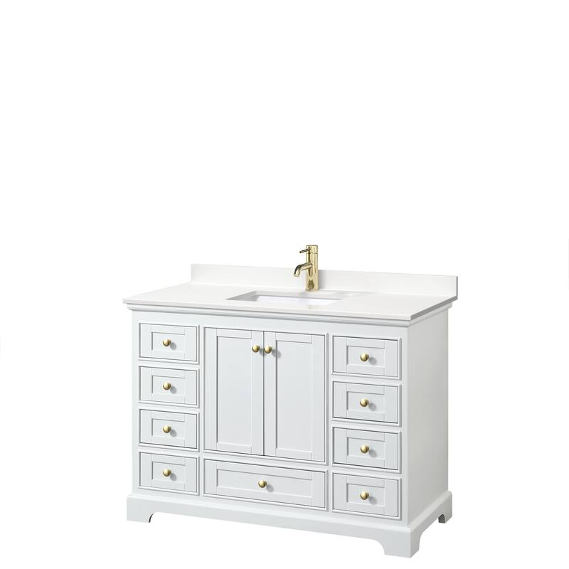 Deborah 48-inch Single Vanity, Quartz Top - White, Gold Trim, White Quartz Top