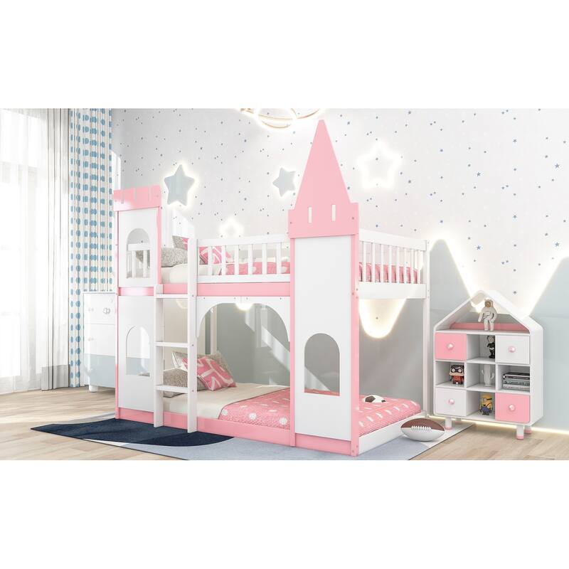 Pink Twin Over Twin Castle Bunk Bed with Ladder - Kids Play & Sleep Space