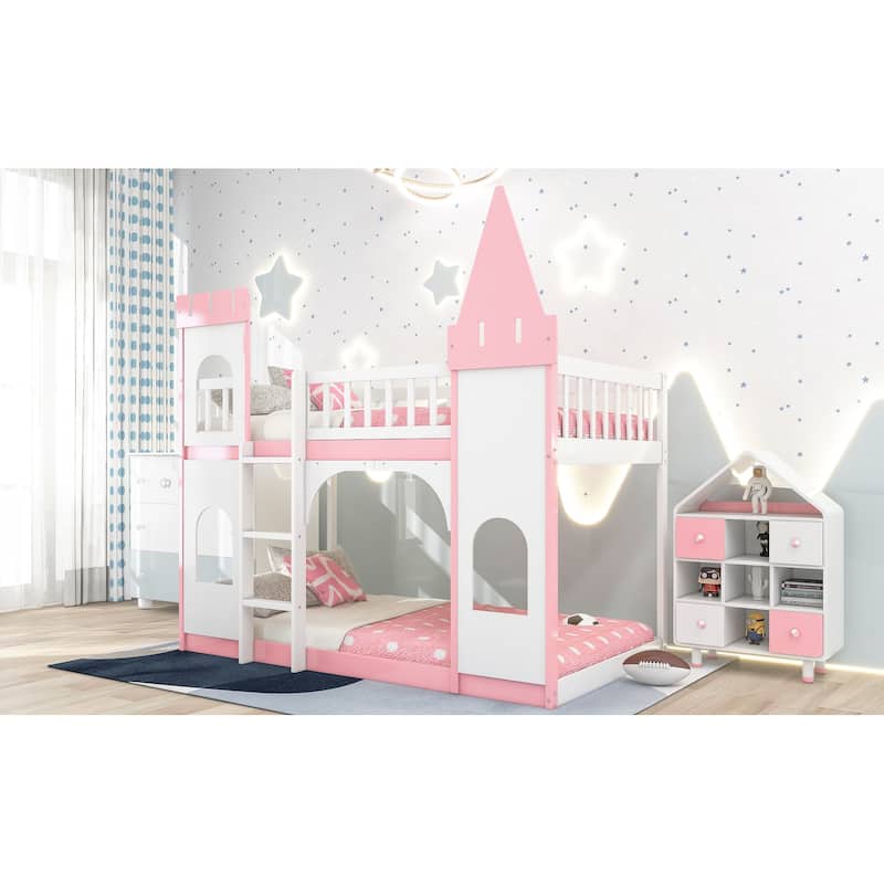 Twin Over Twin Castle Bunk Bed with Ladder - Pink