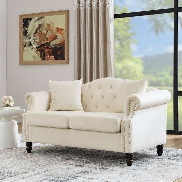 Beige Velvet Loveseat w/ Nailheads Arm, Deep Seat Curved Back Sofa 2