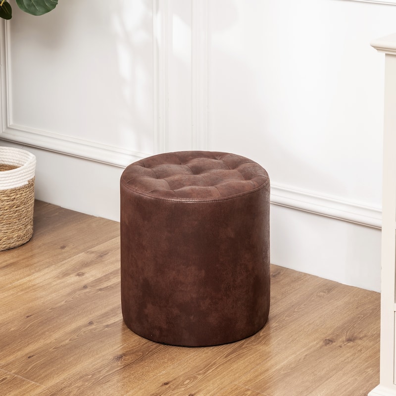 Adeco Round Ottoman Upholstered Tufted Faux Leather Footrest