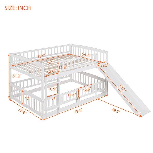 dimension image slide 1 of 2, Full Over Full Low Bunk Bed with Fence and Ladder for Toddler Kids Teens
